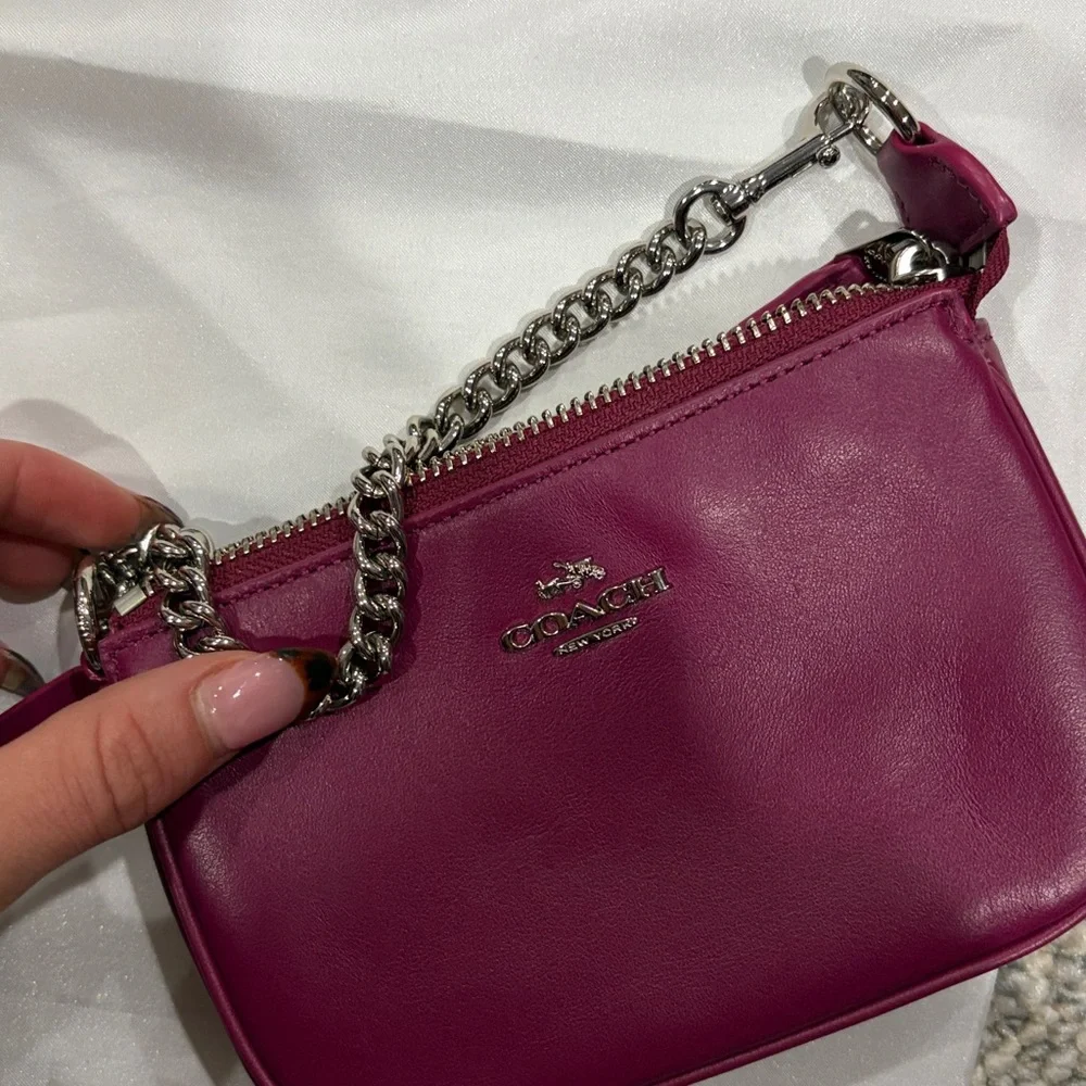 Coach Magenta Leather Mini Wristlet with Silver Chain - Picture 3 of 4